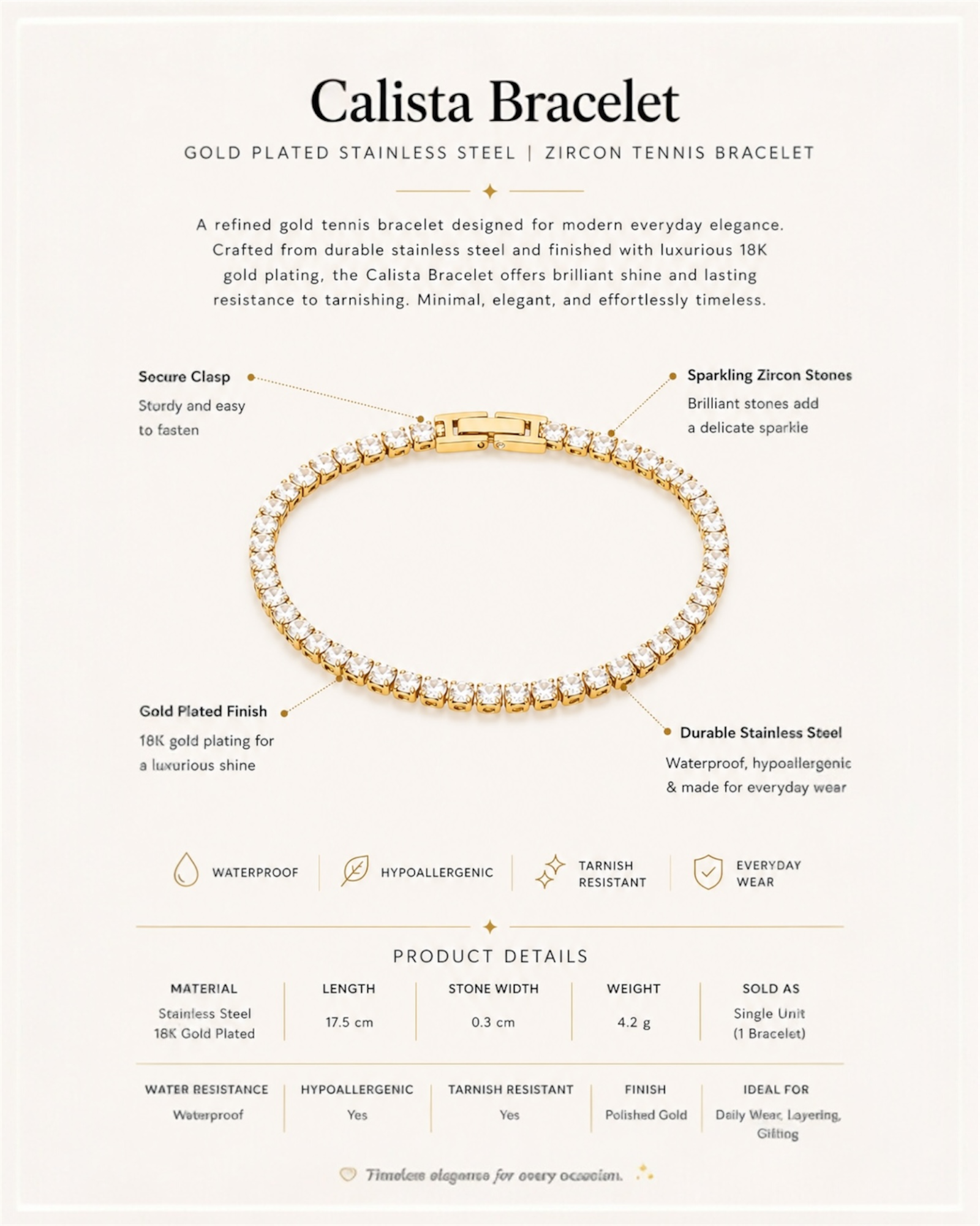 Calista Bracelet product description with gold bracelet on a white background