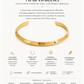 Gold-plated stainless steel cuff bangle bracelet with product details on a white background