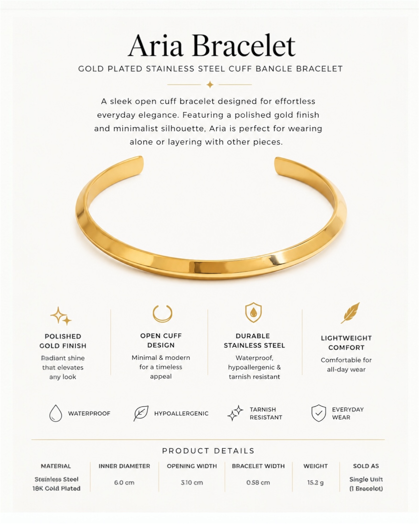 Gold-plated stainless steel cuff bangle bracelet with product details on a white background