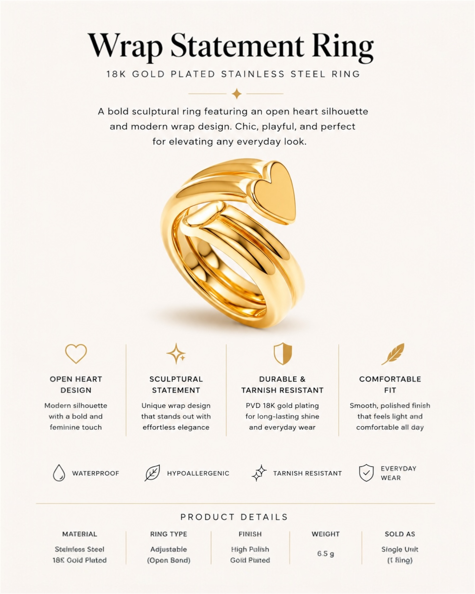 Gold-plated wrap statement ring with heart design on a white background