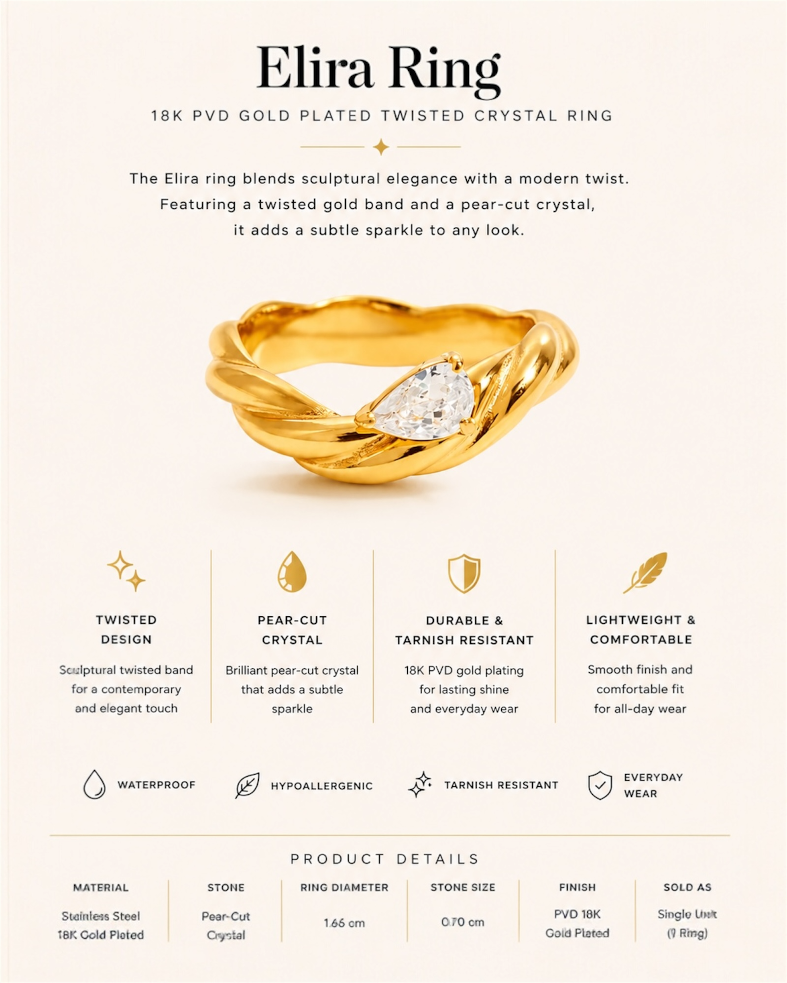 18K PVD Gold Plated Twisted Crystal Ring – Elira