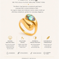 Gold-plated abalone signet ring with product details on a white background