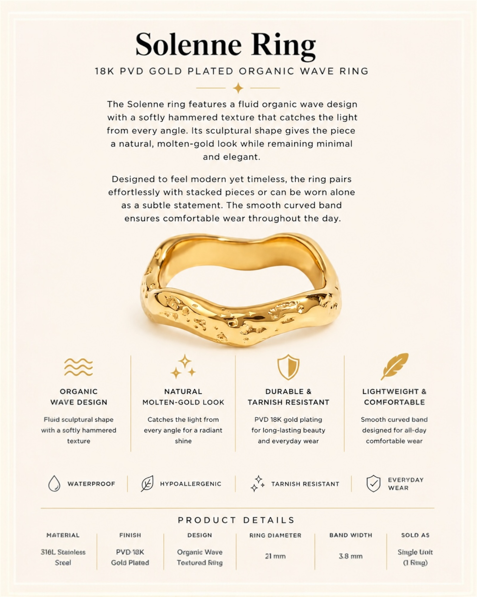 Gold-plated ring with product details on a beige background