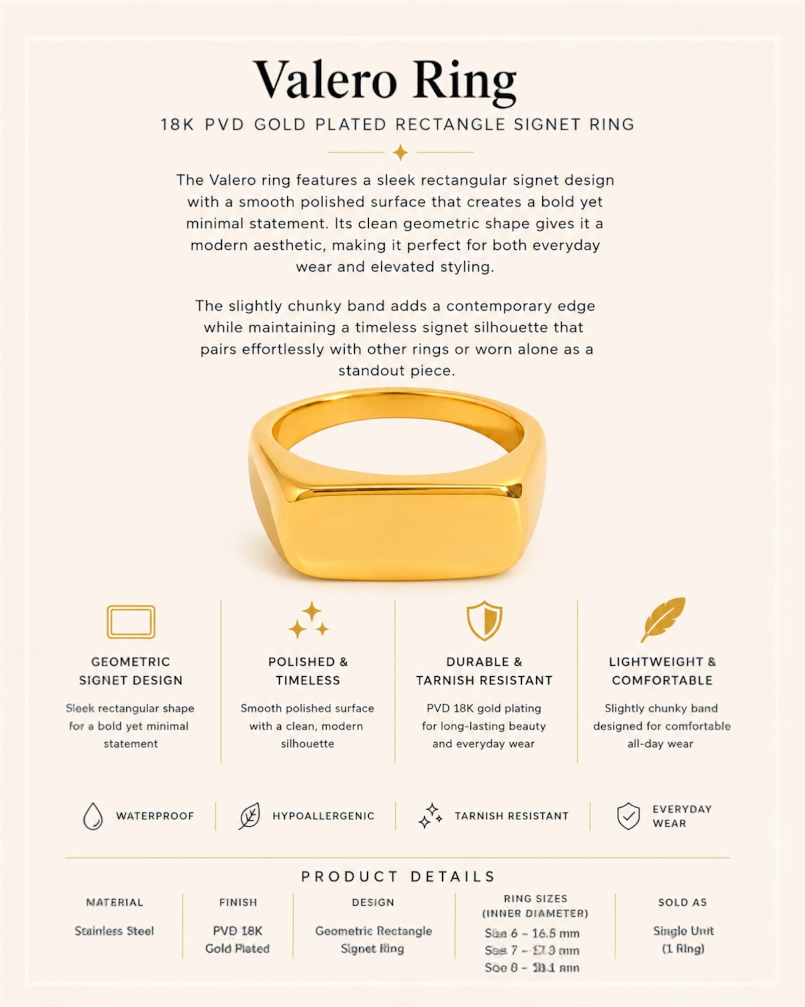 Gold-plated ring with product details on a white background