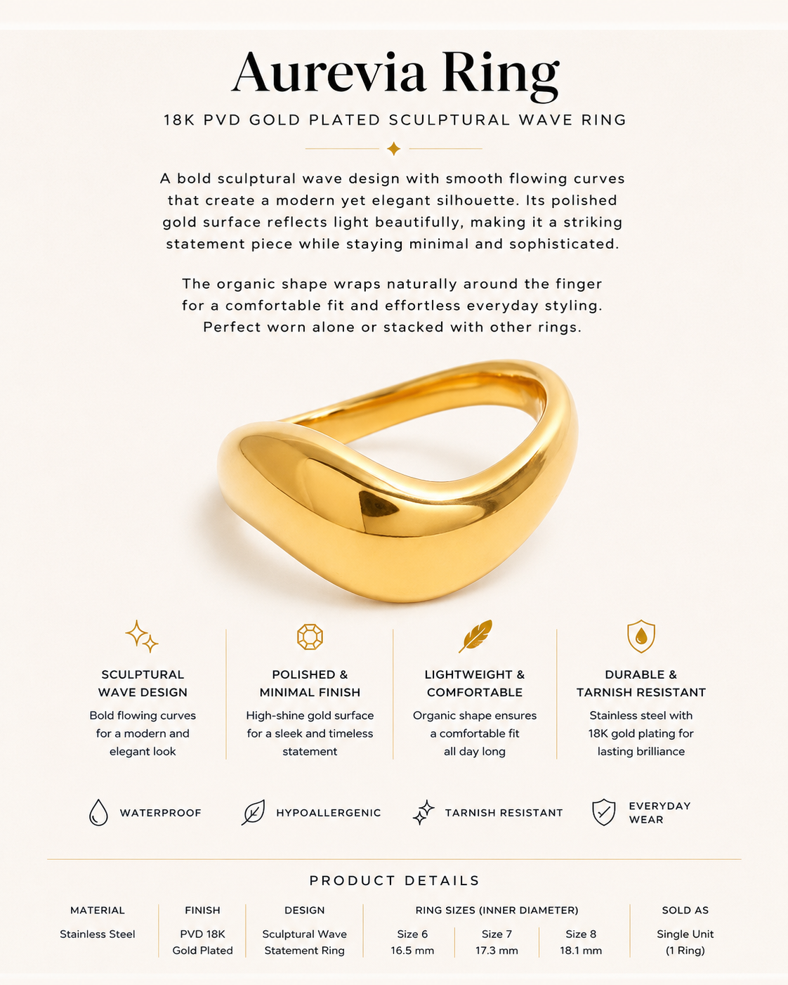 Gold ring with text describing its features on a white background