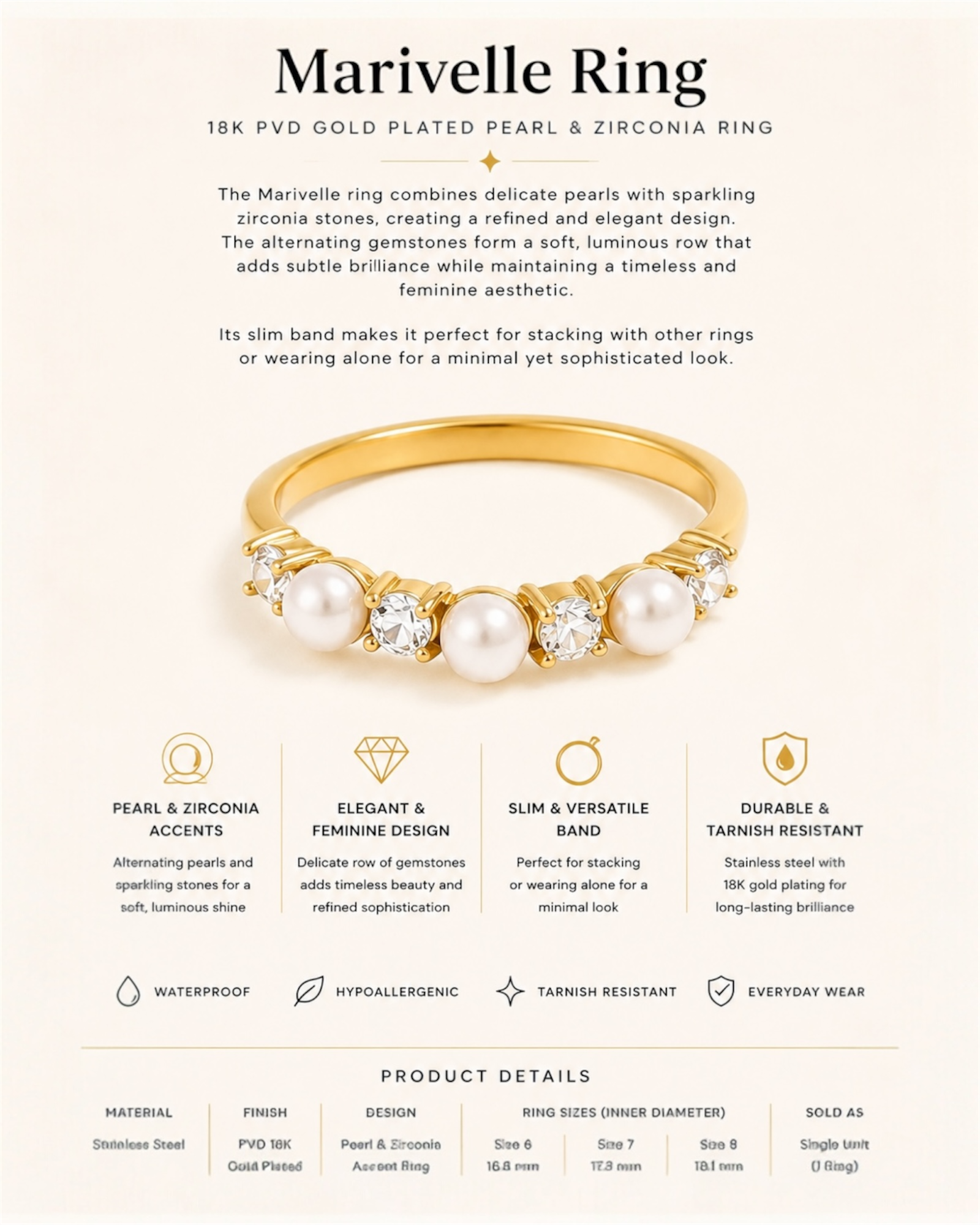 Marivelle ring with pearls and zirconia stones on a beige background
