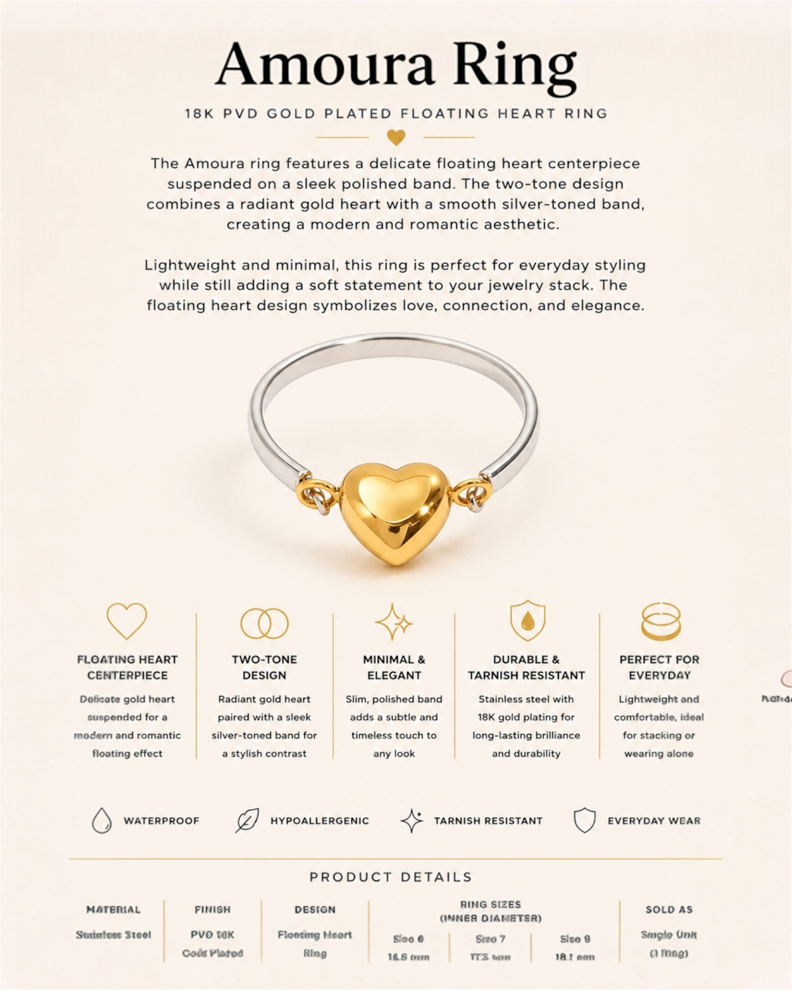 Amoura Ring with gold heart design on a beige background