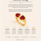 Gold-plated ring with red gemstones on a light beige background, featuring product details.