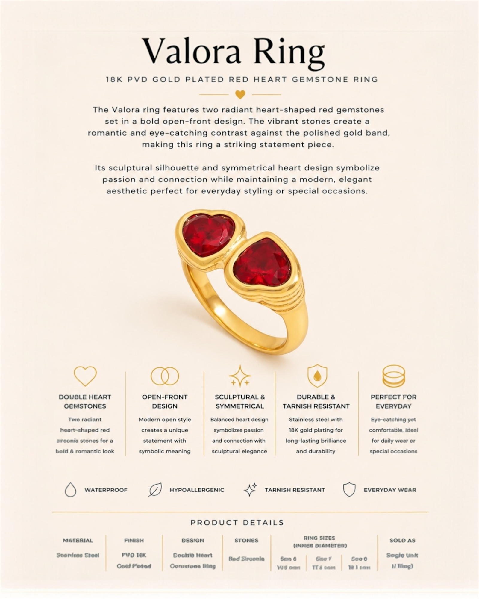 Gold-plated ring with red gemstones on a light beige background, featuring product details.