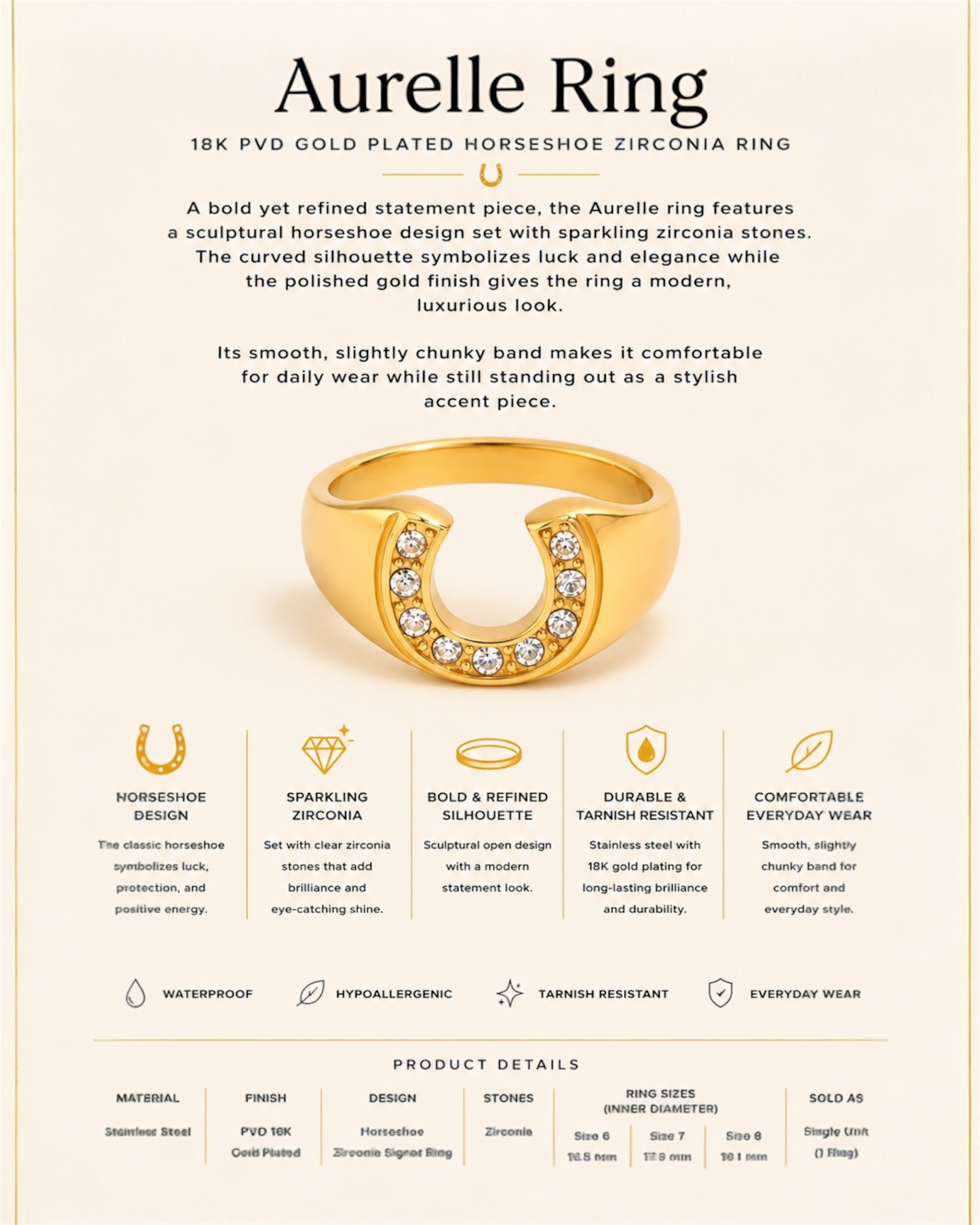 Gold-plated horseshoe ring with zirconia stones on a beige background
