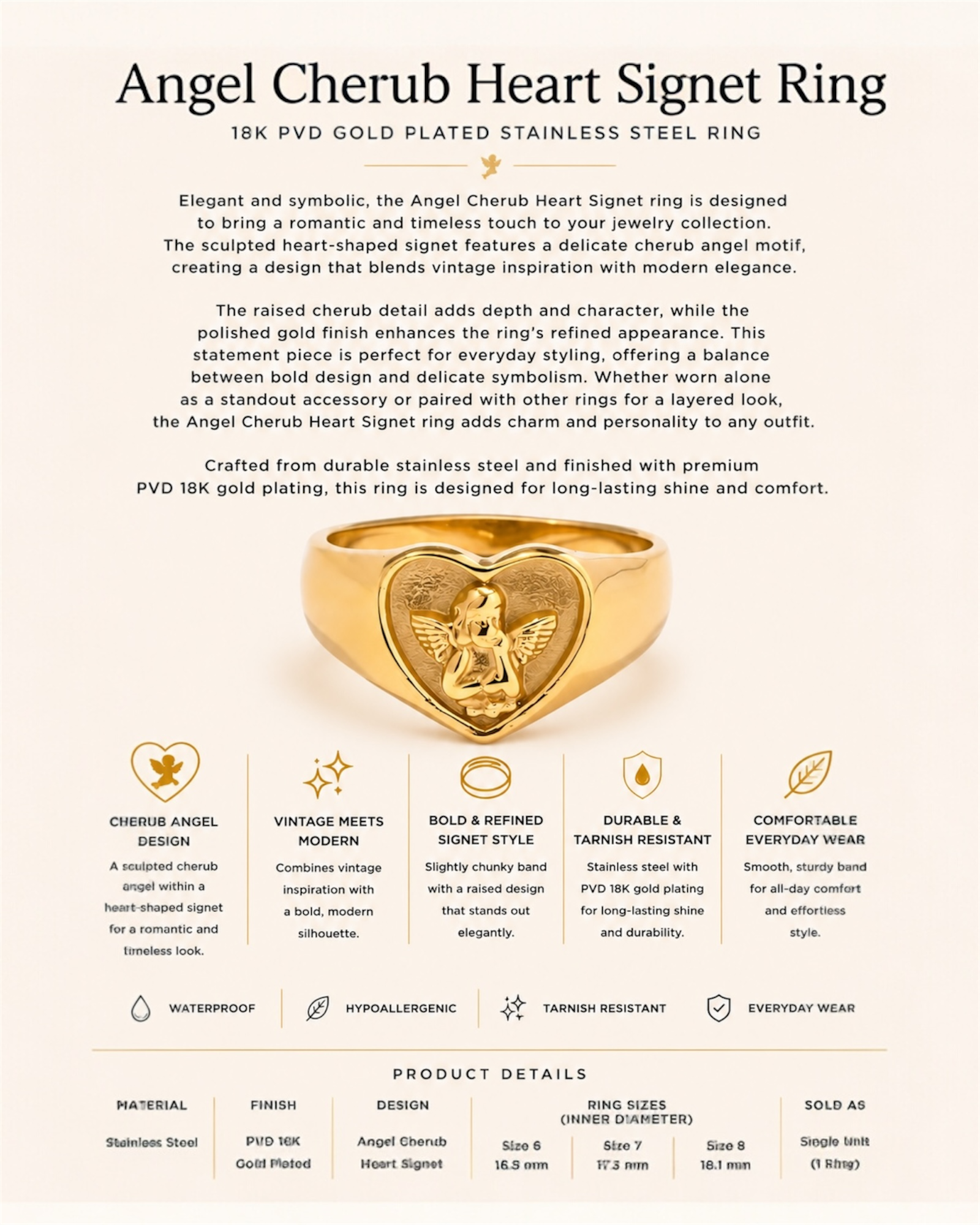 Gold-plated Angel Cherub Heart Signet Ring with product details on a light background