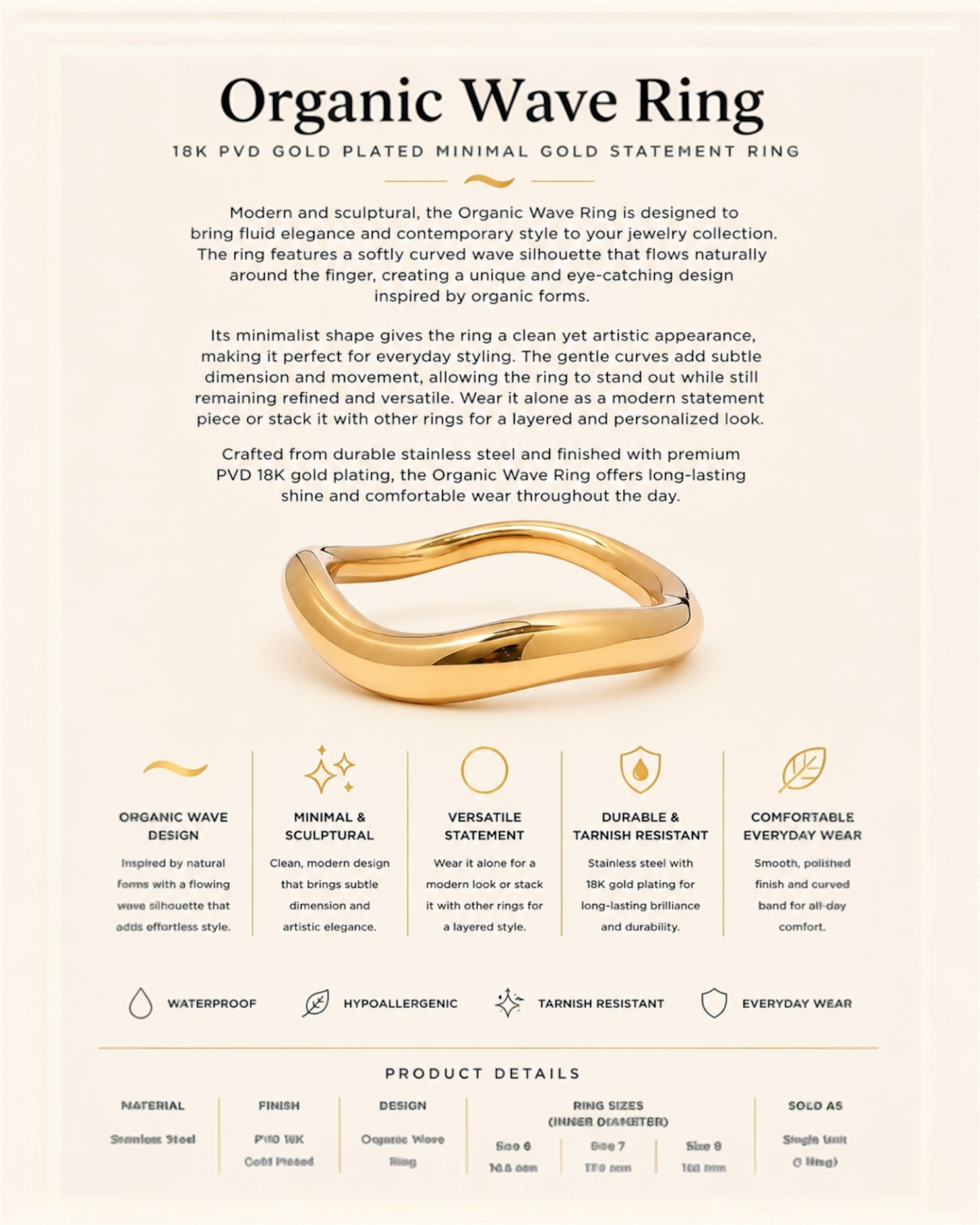 Gold ring with organic wave design on a beige background