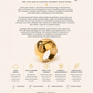 Gold statement ring with product details on a white background