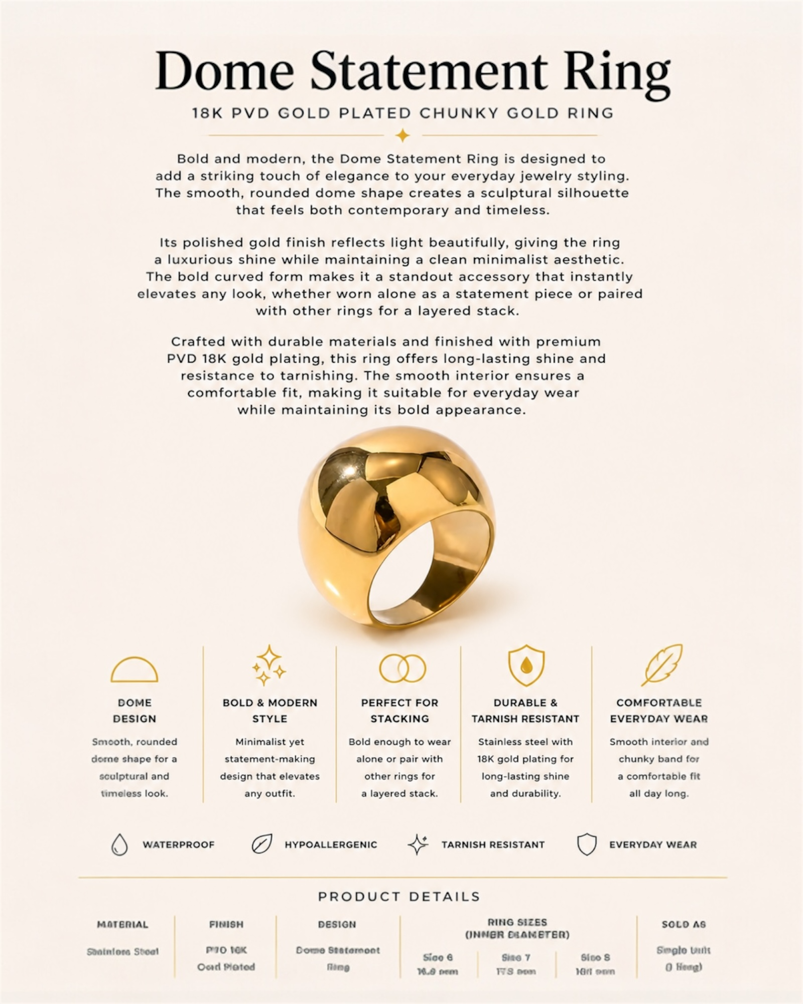 Gold statement ring with product details on a white background
