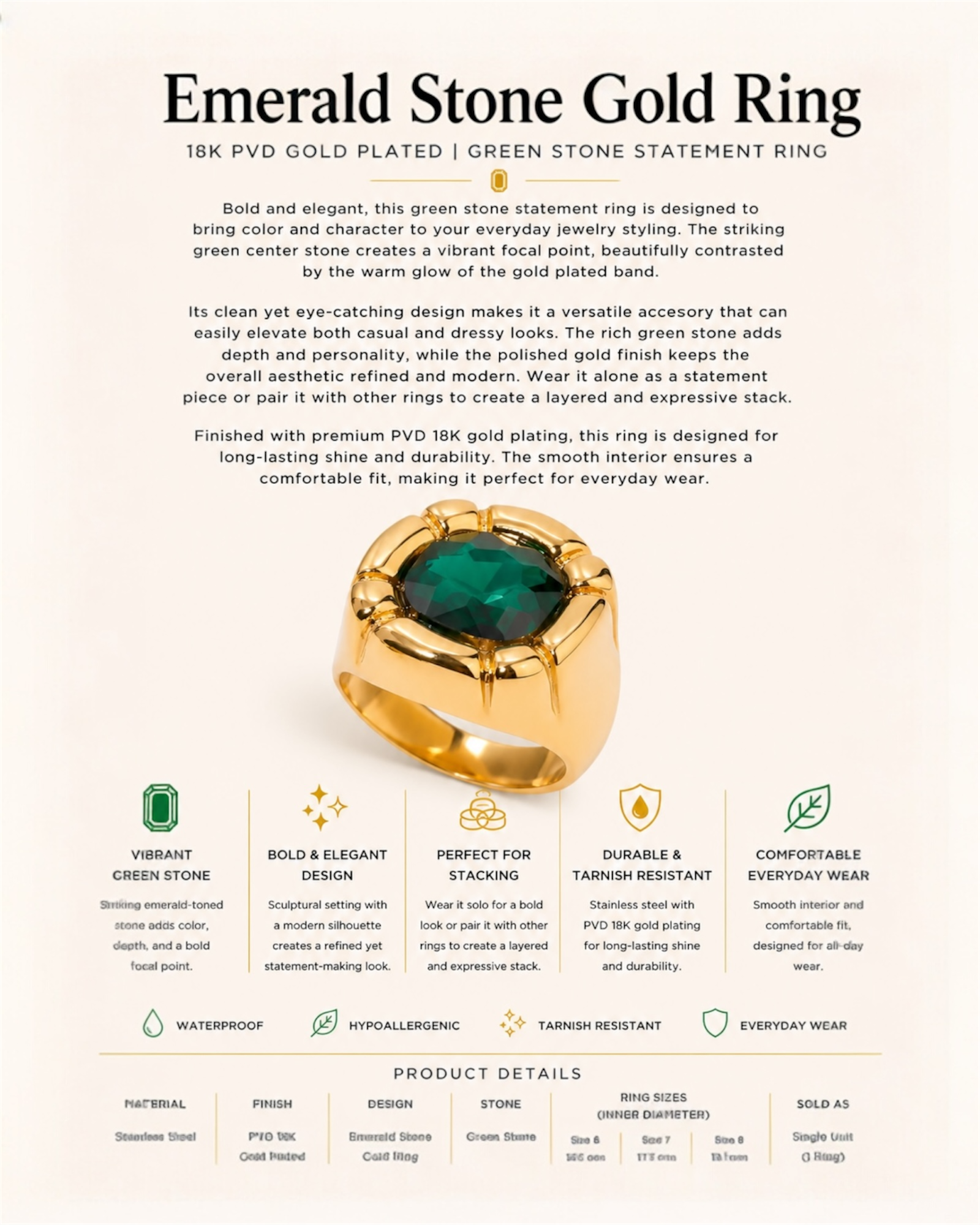 Gold ring with emerald stone on a white background