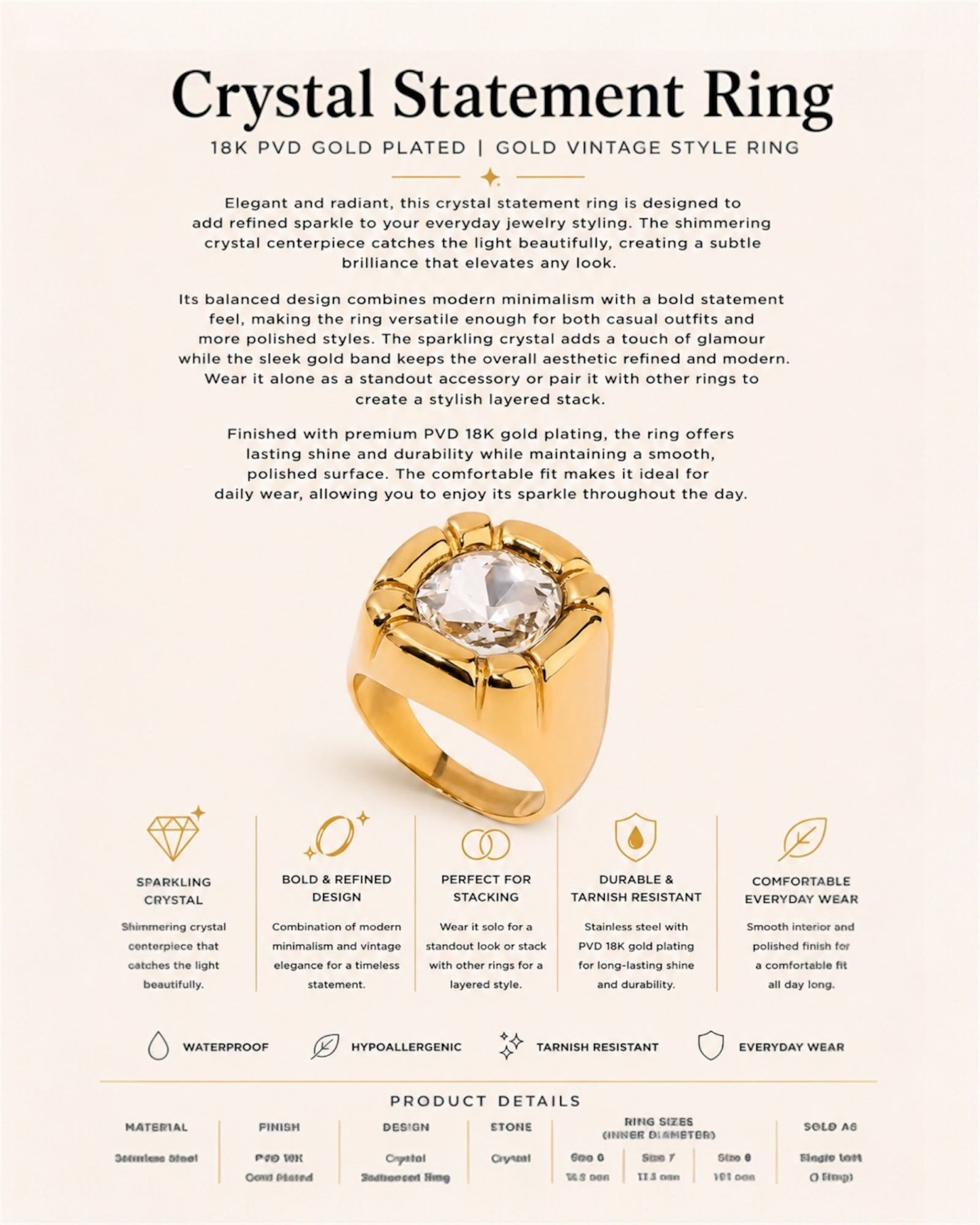 Gold crystal statement ring with product details on a white background