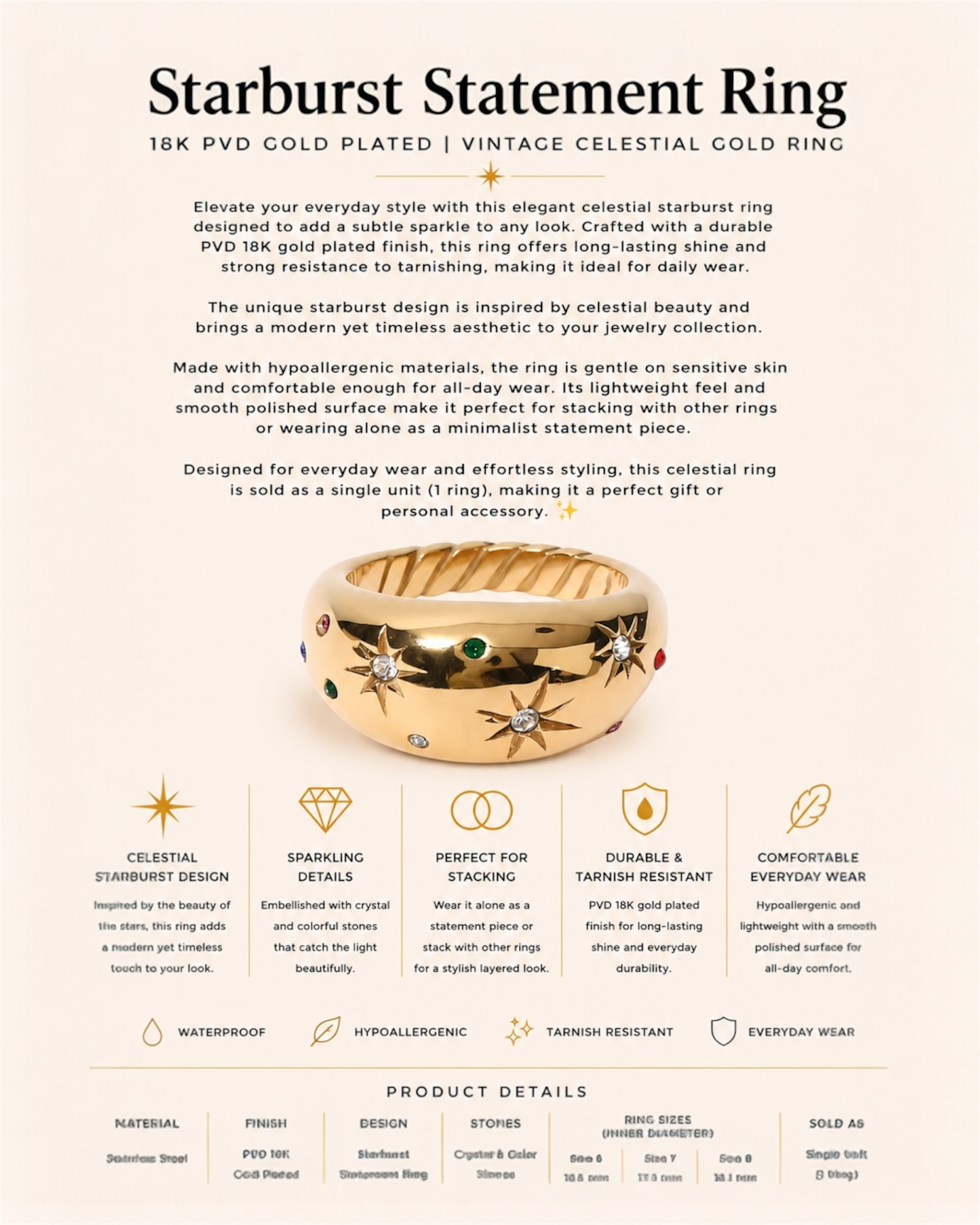 Gold starburst statement ring with product details on a white background