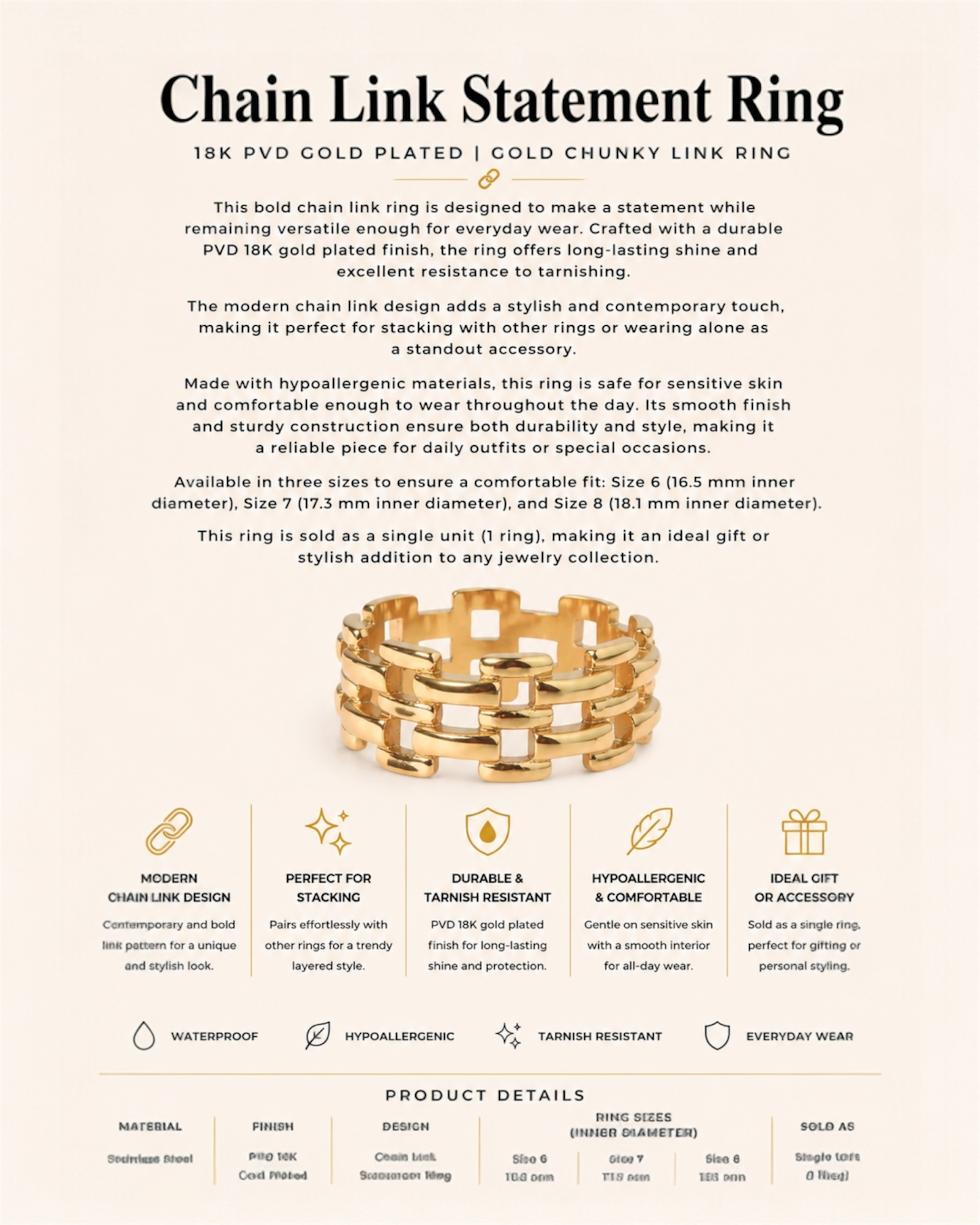 Gold chain link ring with product details on a white background