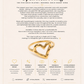 Gold open heart ring with product details on a beige background