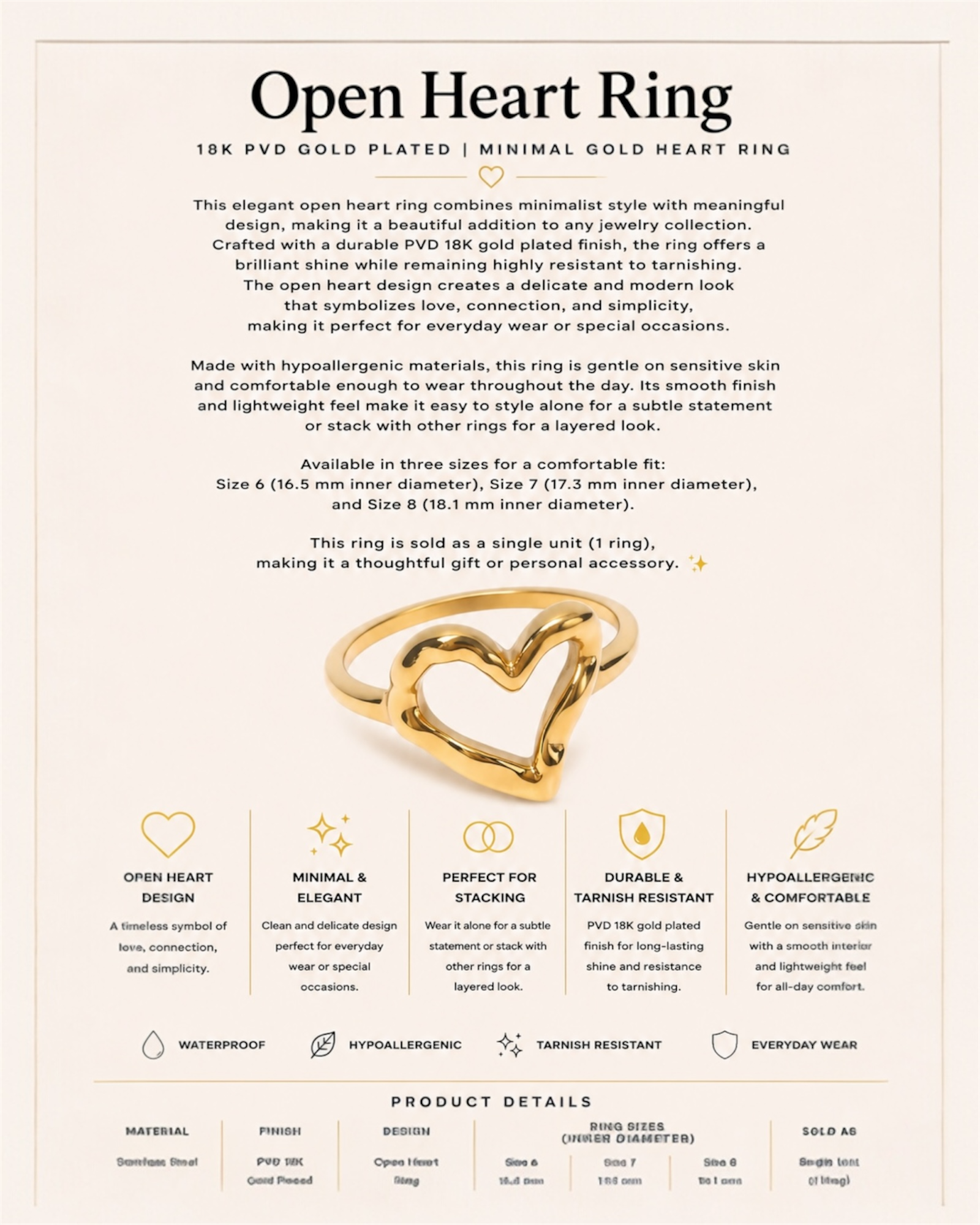 Gold open heart ring with product details on a beige background