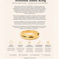 Gold band ring with product details on a beige background