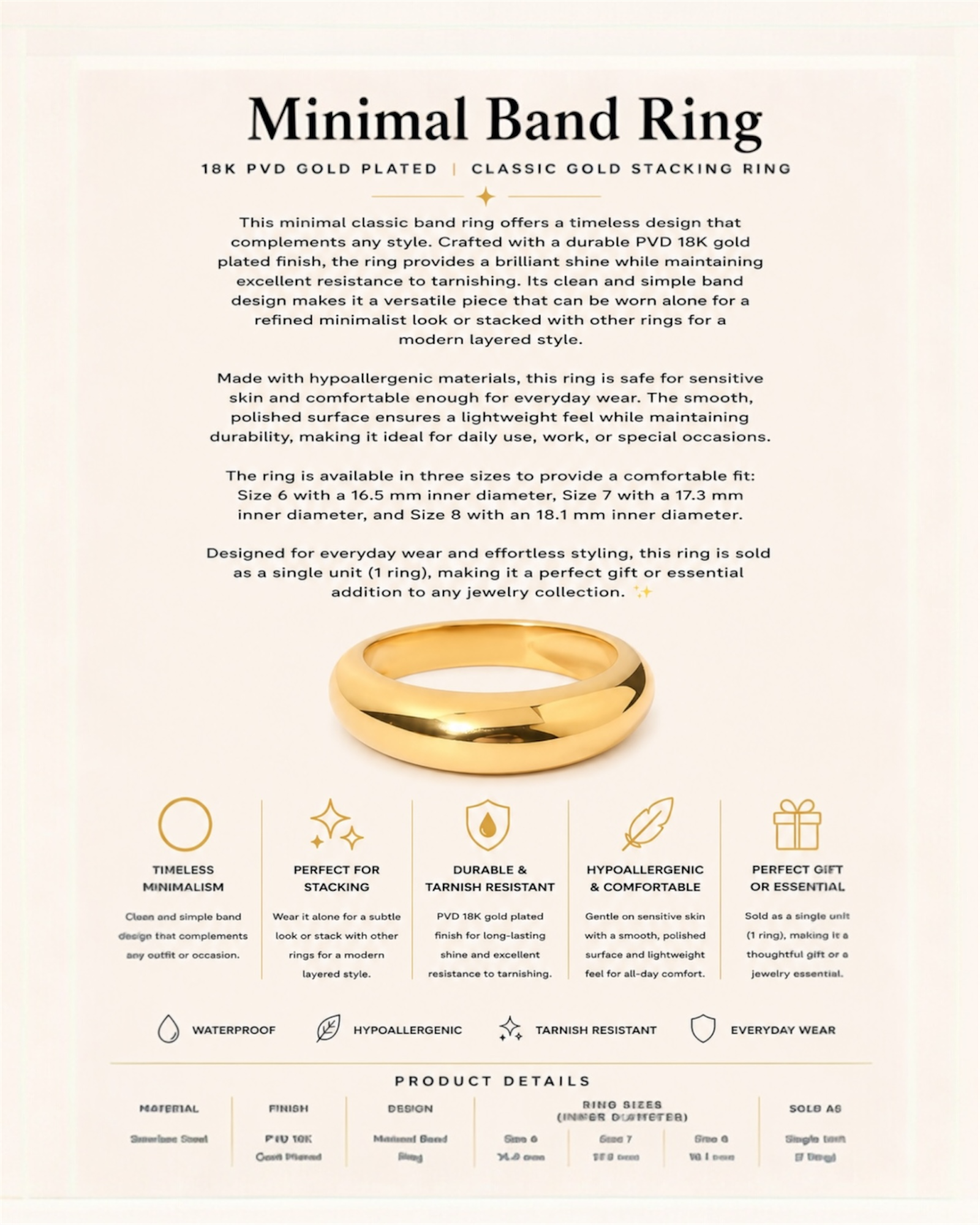 Gold band ring with product details on a beige background