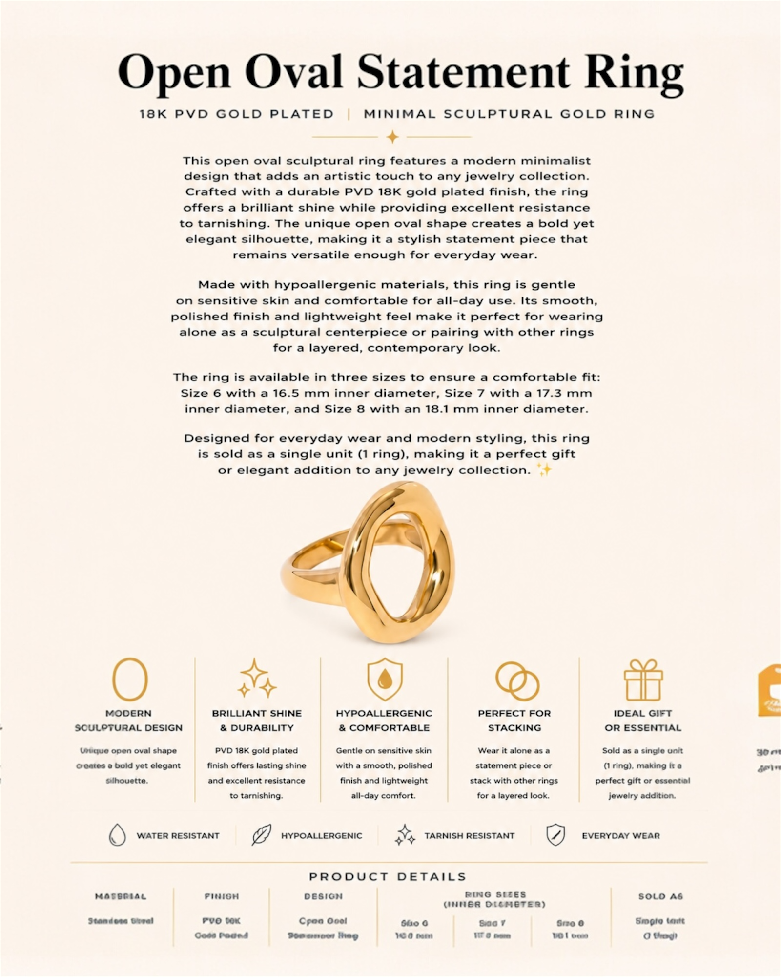 Gold open oval statement ring with product details on a white background