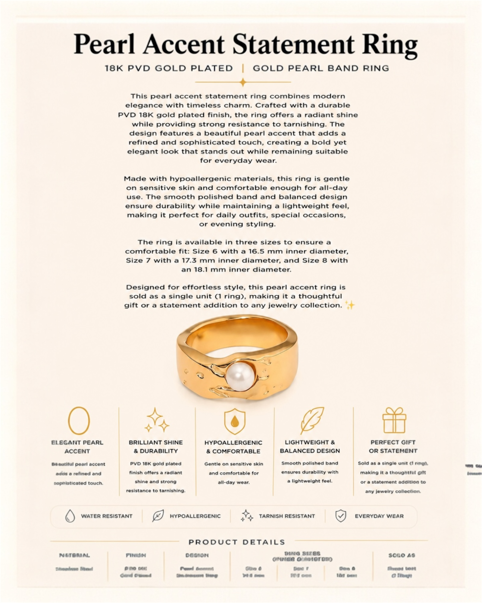 Gold accent pearl ring with product details on a white background