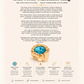 Product description of a blue stone statement ring with gold plating on a light beige background.