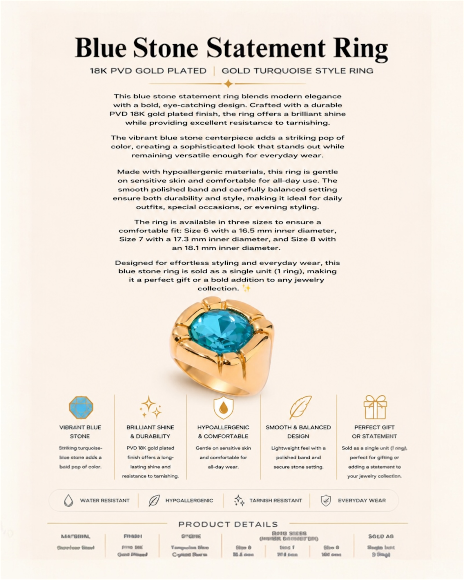 Product description of a blue stone statement ring with gold plating on a light beige background.