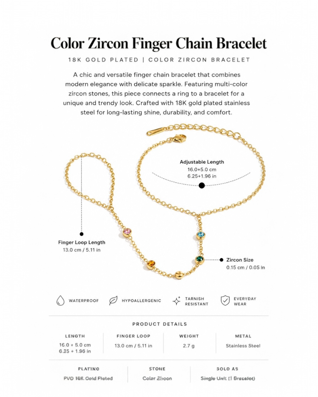 Gold finger chain bracelet with color zircon stones on a white background