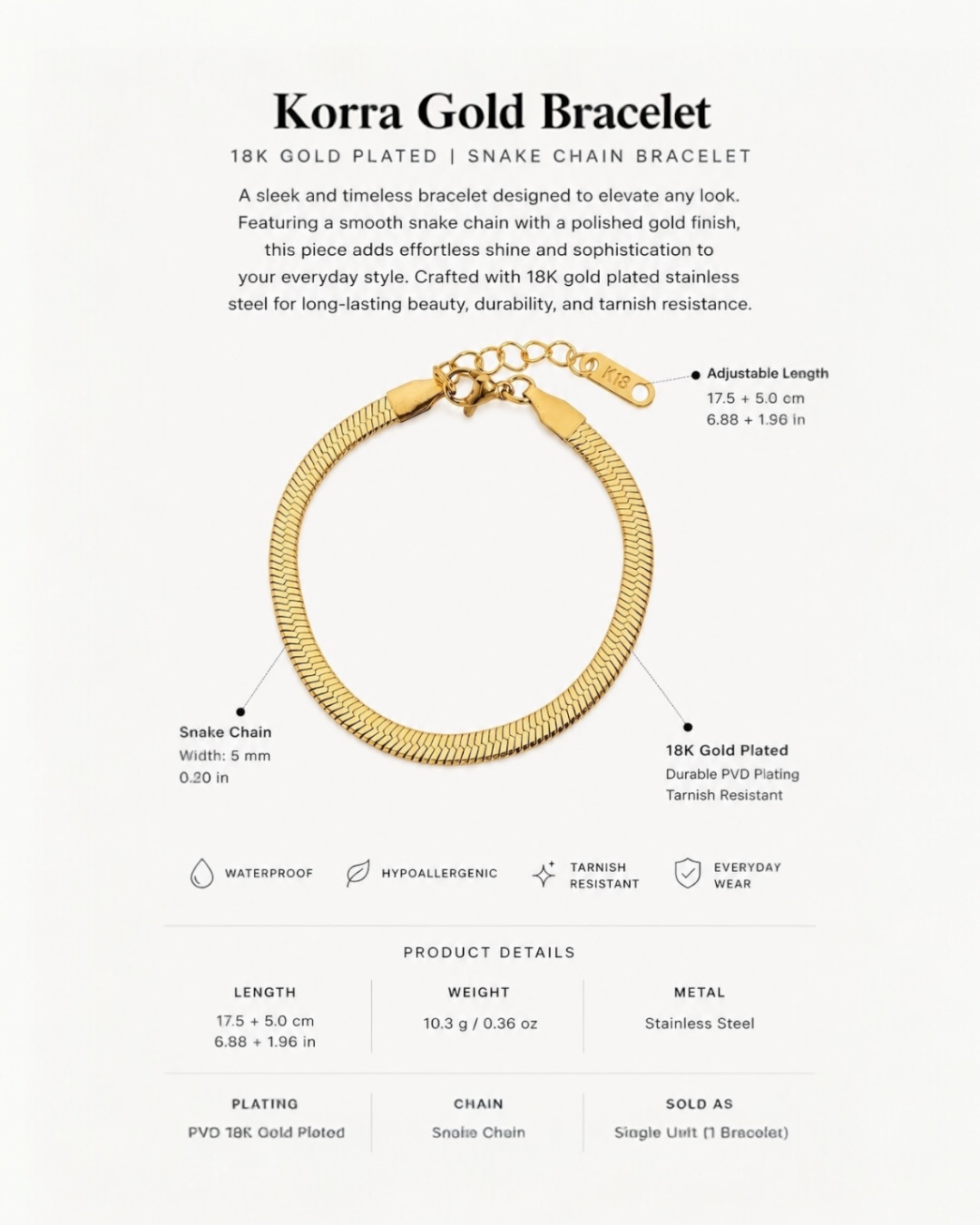 Gold bracelet with product details on a white background