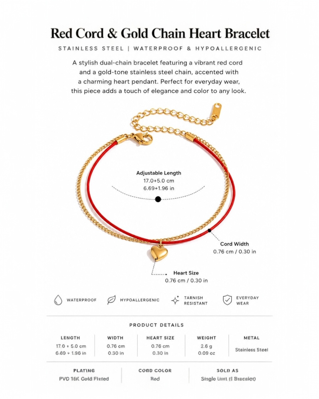 Red cord and gold chain heart bracelet with product details on a white background
