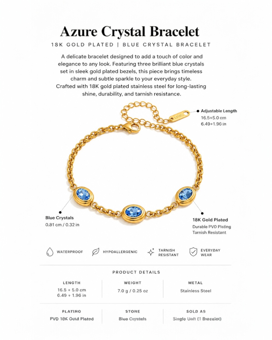 Azure Crystal Bracelet with gold plating and blue crystals on a white background