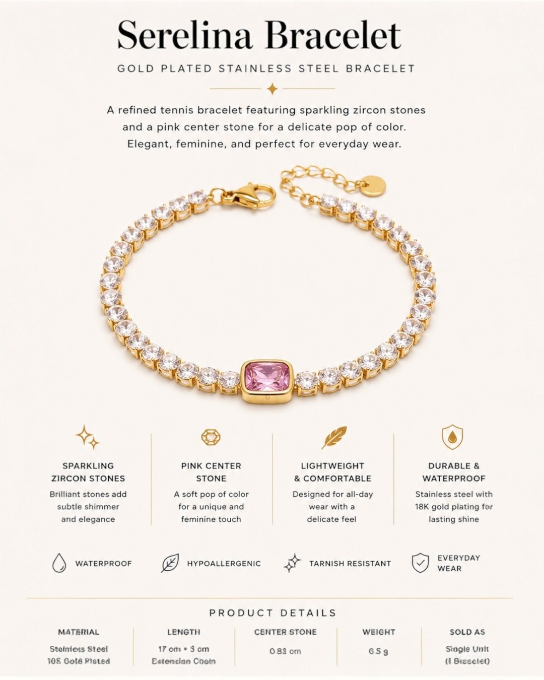 Gold-plated stainless steel bracelet with pink center stone on a white background