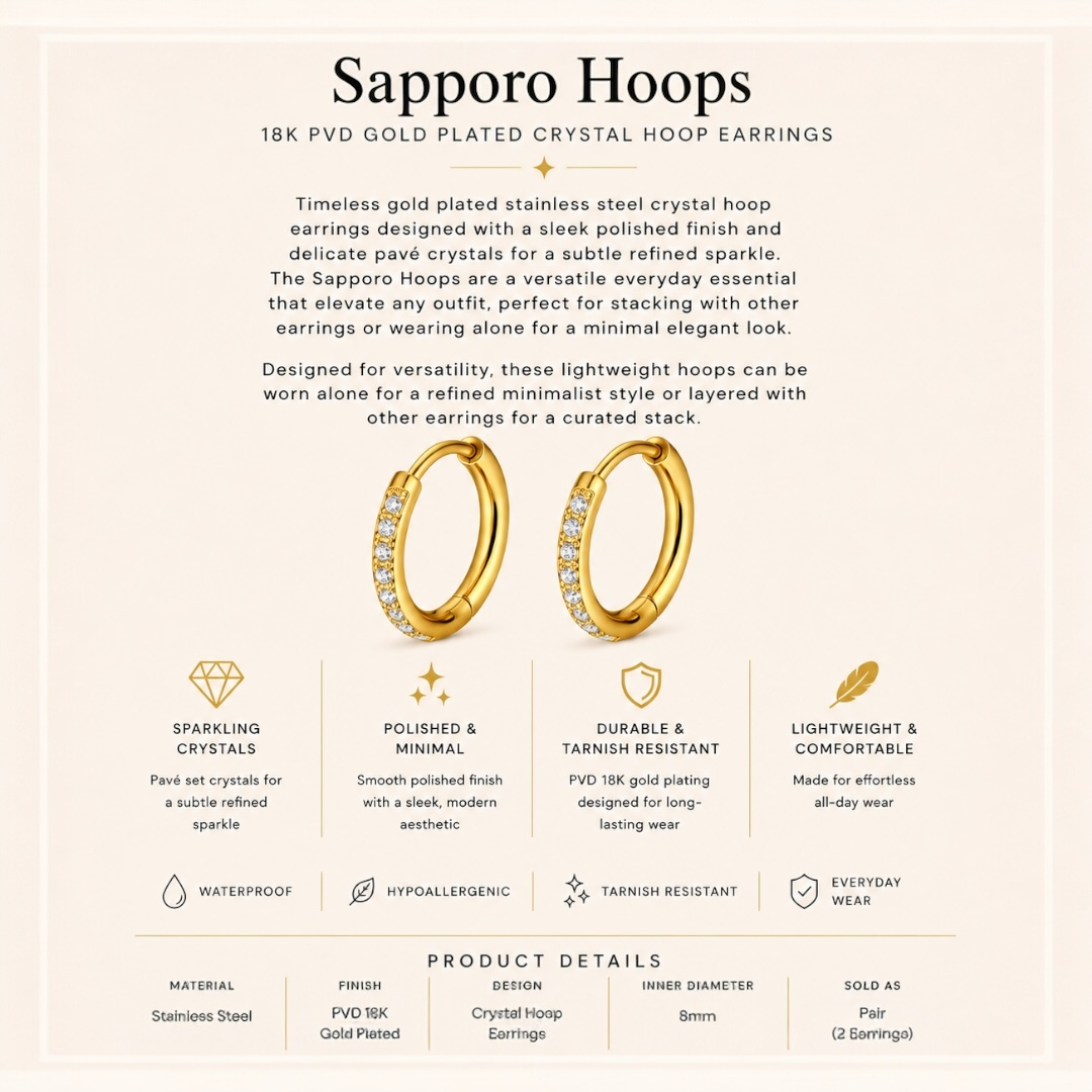 Gold Plated Stainless Steel Crystal Hoop Earrings – Sapporo