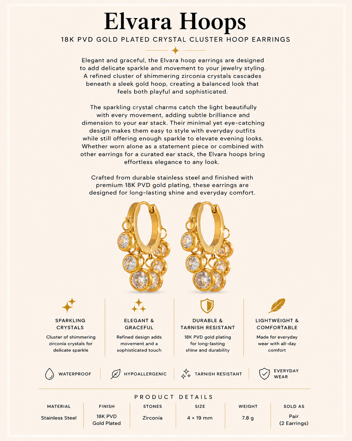 18K PVD Gold Plated Crystal Cluster Hoop Earrings – Elvara