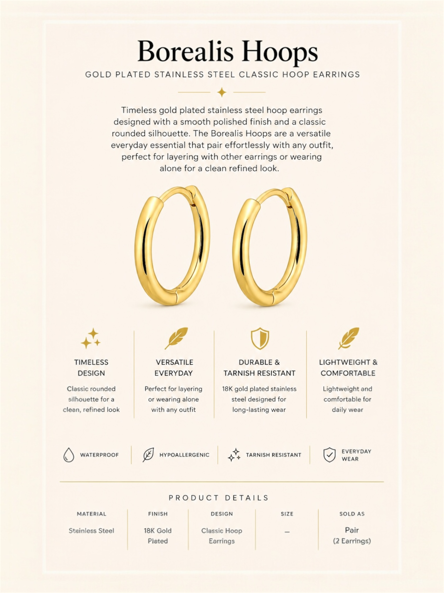 Gold Plated Stainless Steel Classic Hoop Earrings – Borealis