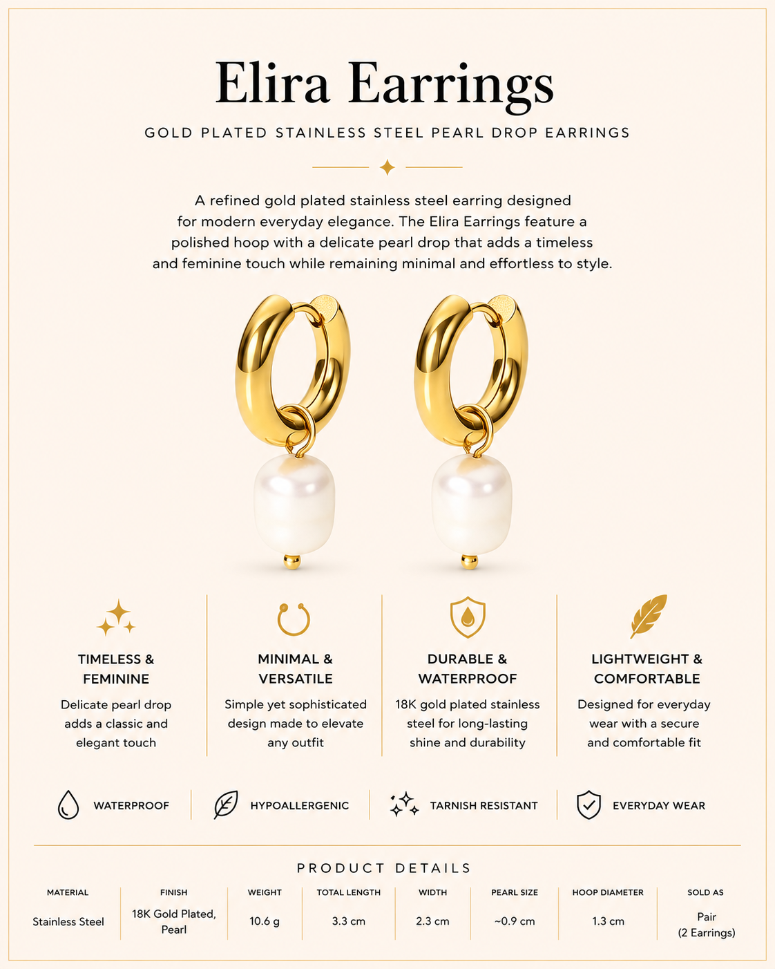 Gold Plated Stainless Steel Pearl Drop Earrings – Elira