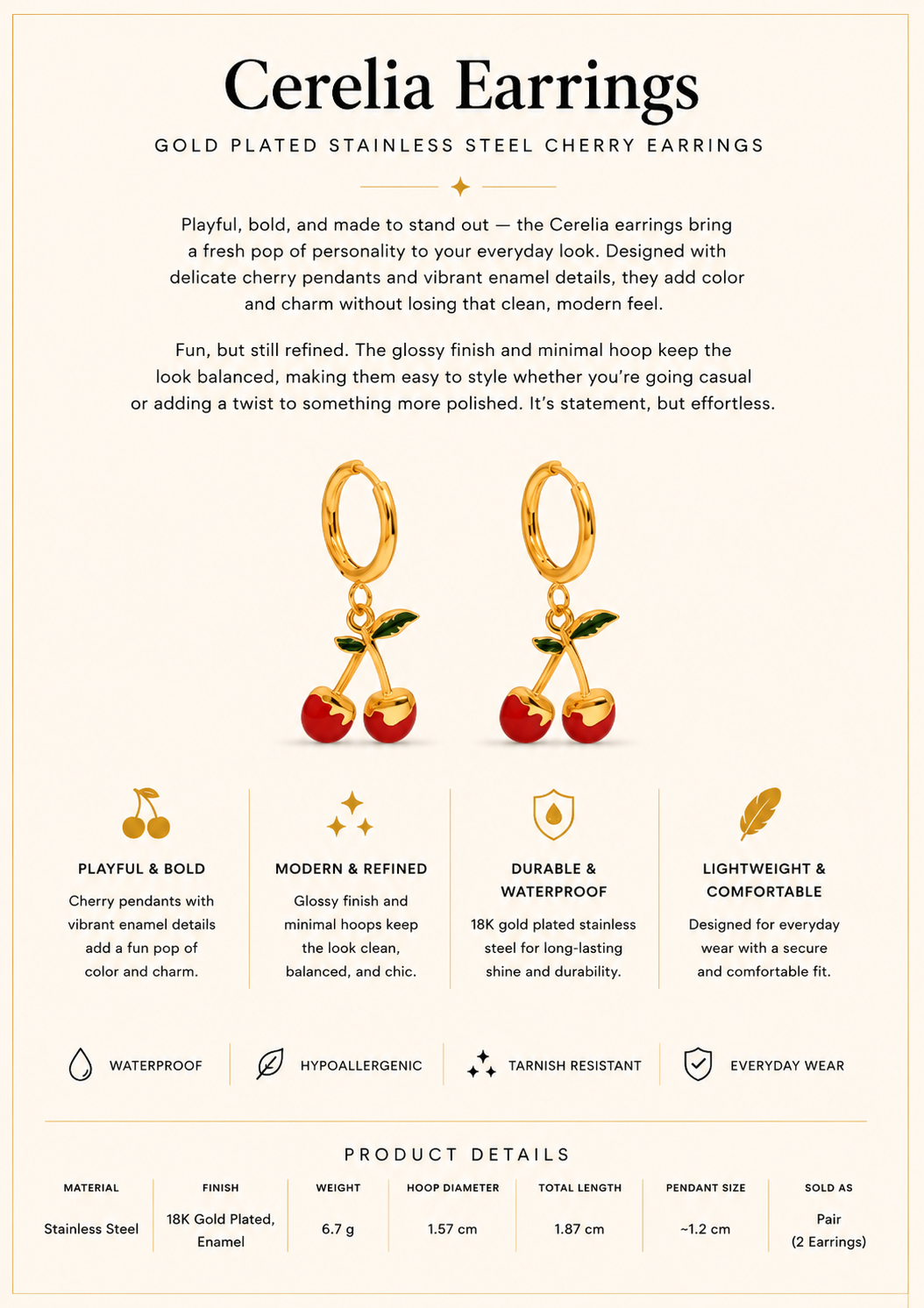 Gold Plated Stainless Steel Cherry Earrings – Cerelia