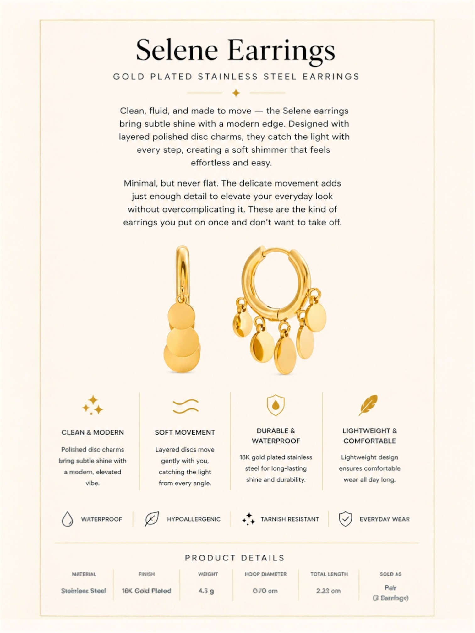Gold Plated Stainless Steel Earrings – Selene