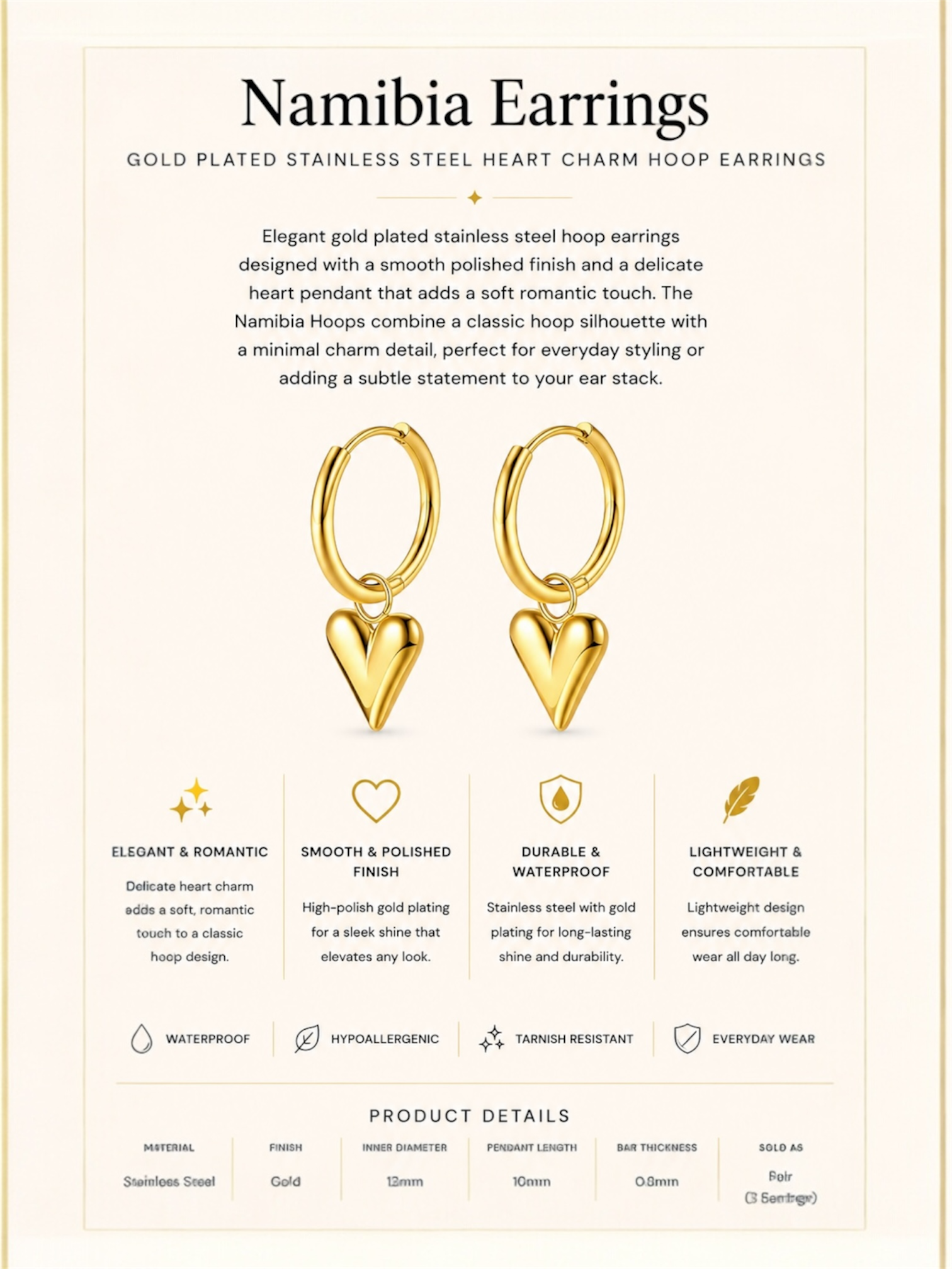 Gold Plated Stainless Steel Heart Charm Hoop Earrings – Namibia