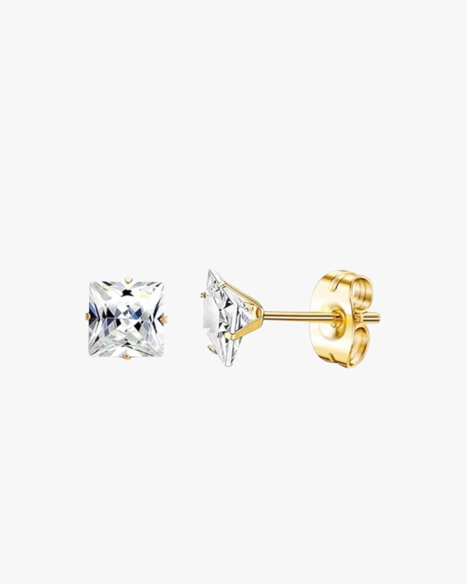 A pair of square-shaped earrings with clear cubic zirconia attached to gold-colored posts and backs.