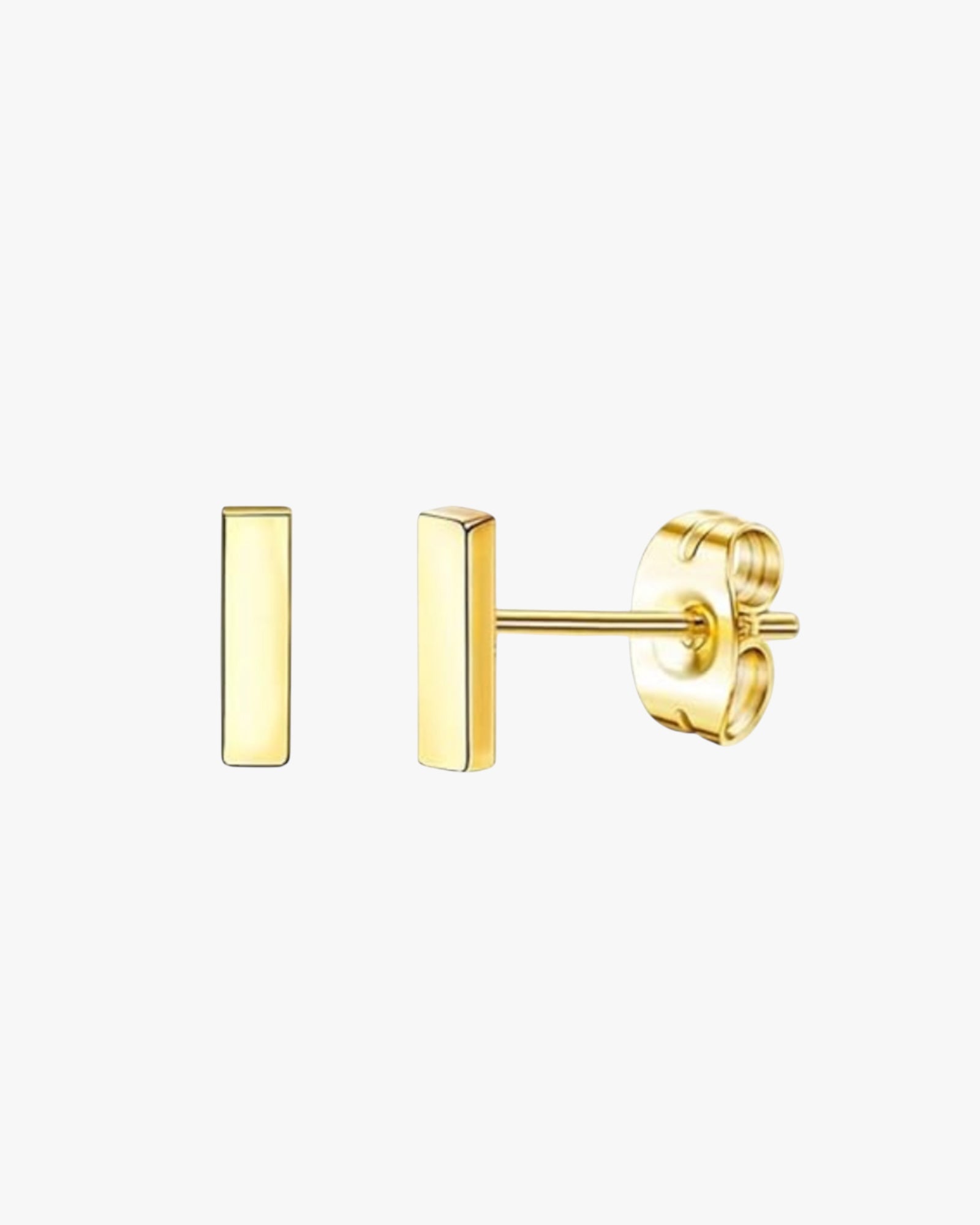 A pair of gold-colored bar earrings with a simple, modern design, featuring a bar charm on each earring attached to a post and backing.