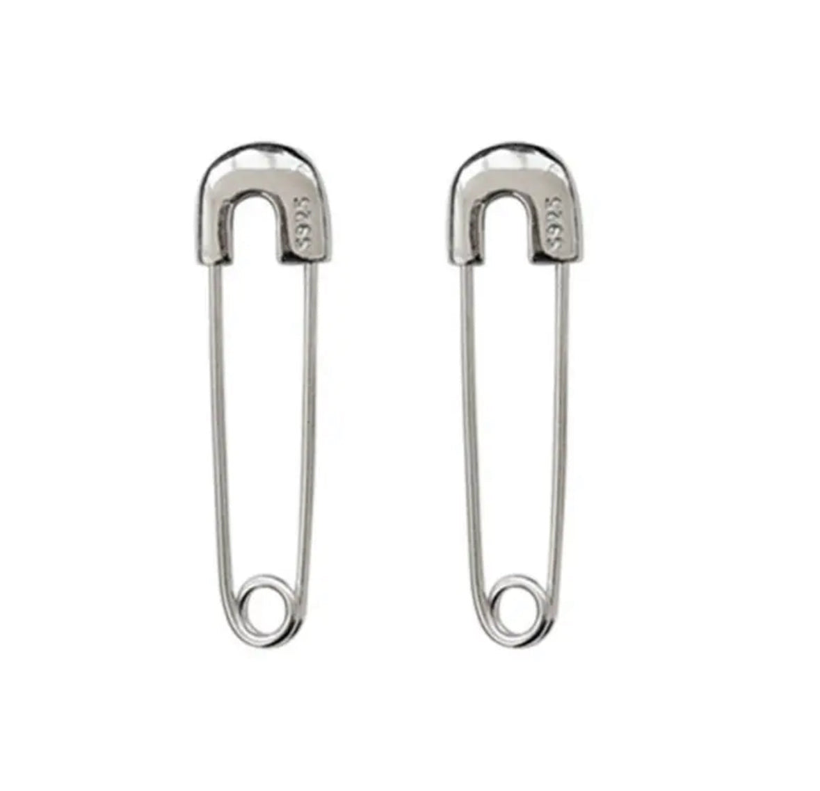 A pair of silver-colored safety pin earrings made of sterling silver.