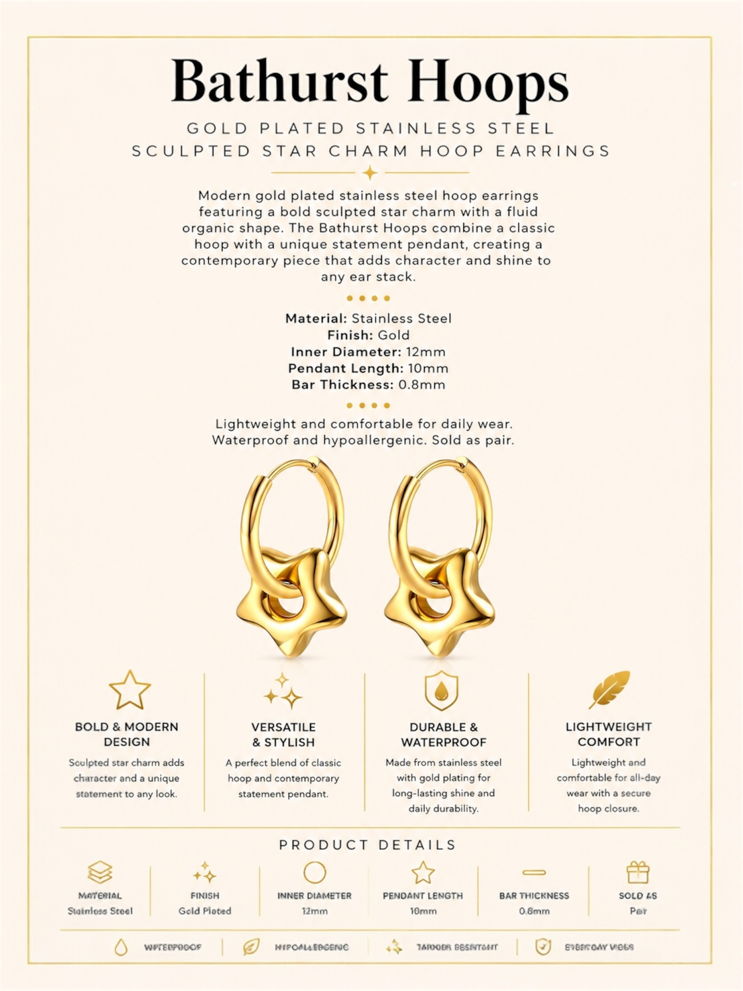 Gold Plated Stainless Steel Sculpted Star Charm Hoop Earrings – Bathurst
