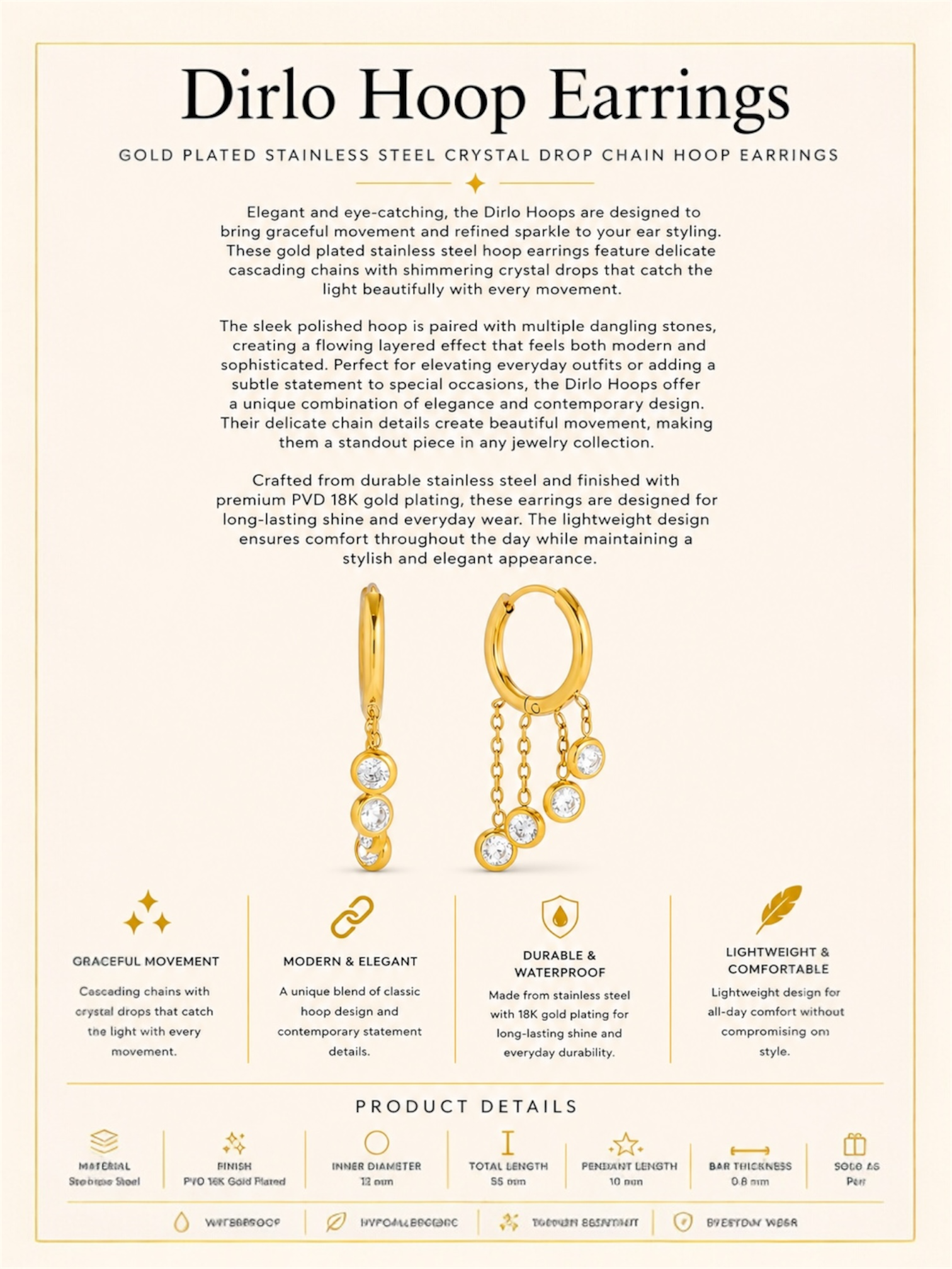 Gold Plated Stainless Steel Crystal Drop Chain Hoop Earrings – Dirlo