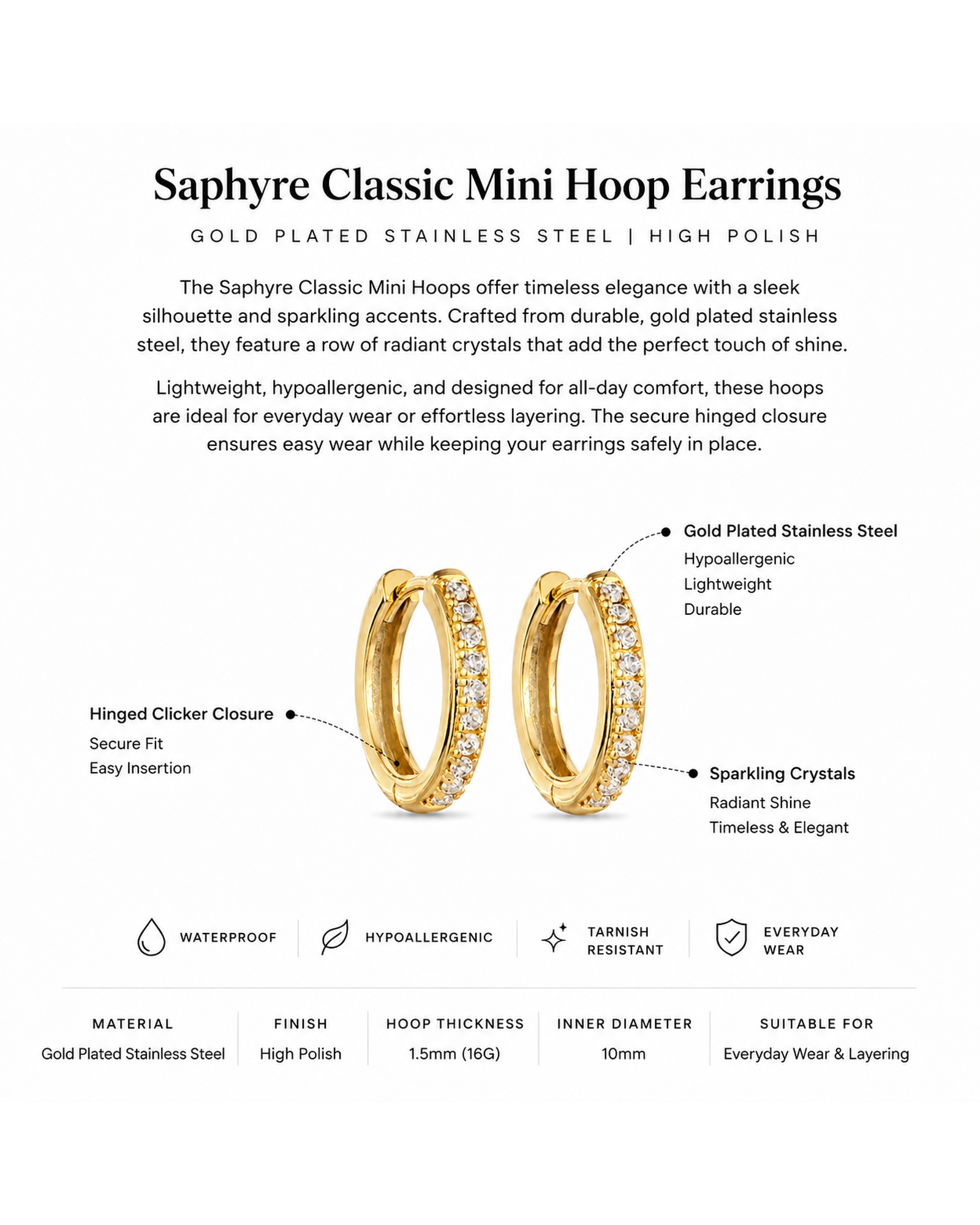 Gold Plated Stainless Steel Classic Mini Hoop Earrings – Saphyre
