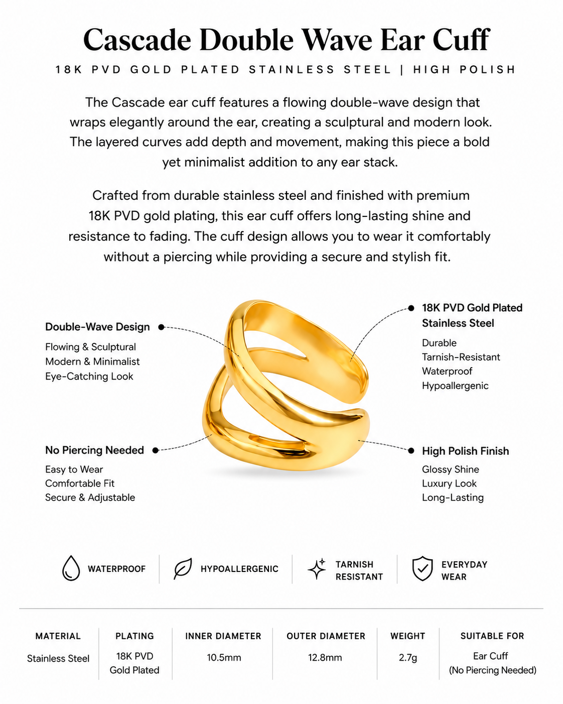 18K PVD Gold Double Wave Ear Cuff – Cascade