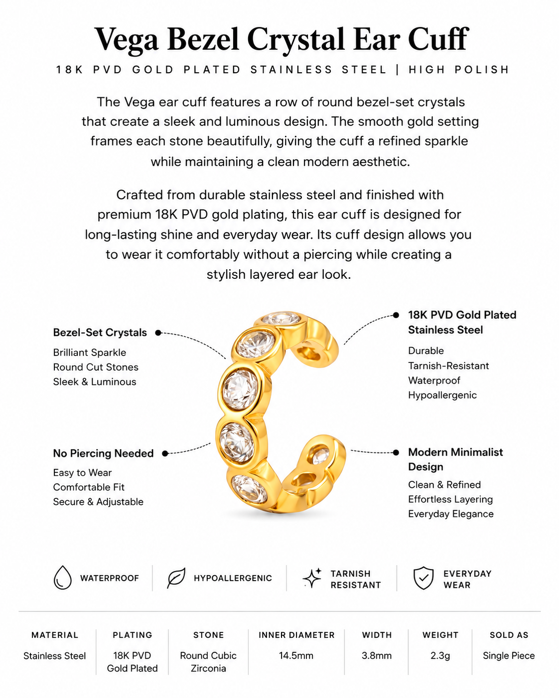 18K PVD Gold Bezel Crystal Ear Cuff – Vega